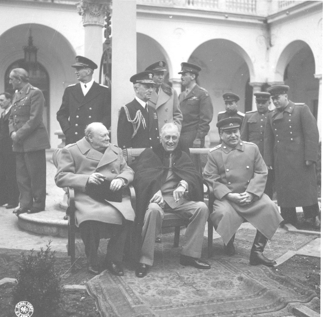 Franklin D. Roosevelt with Winston Churchill and Joseph Stalin during