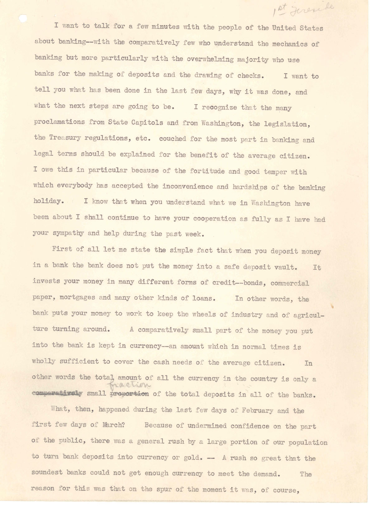 First page of a reading copy of the First Fireside Chat – Forward with ...
