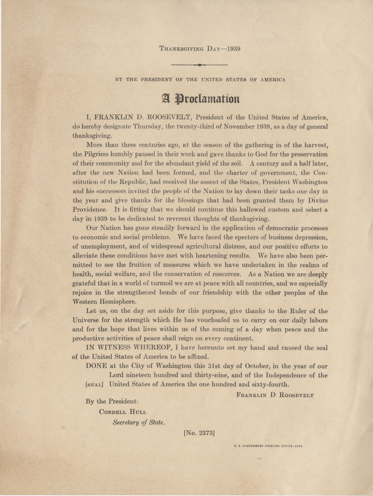 Proclamation On Date Of Thanksgiving 1939 – Forward With Roosevelt